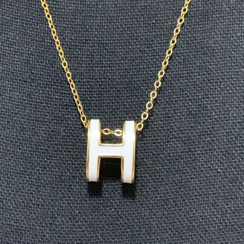 Mini Pop "H" Necklace Gold Tone 925 Stamped Chain w/ S925 White Enamel H Pendant - Picture 4 of 8